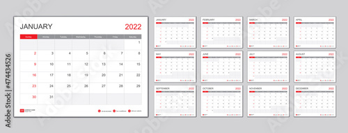 Calendar template for 2022 with week start on Sunday.Desk Calendar 2022 template, Planner simple, wall calendar 2022 design, Stationery, printing media, vector illustration