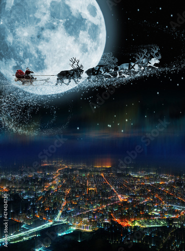 Flight of Santa's deer in Christmas night