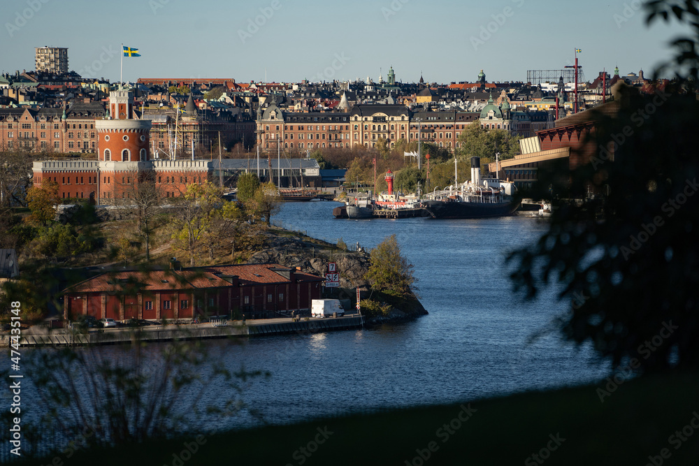 Aerial view shot of Stockholm City Center, summer. Vacation and travel concept 