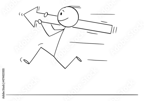 Businessman or Person Running and Holding Big Arrow, Vector Cartoon Stick Figure Illustration