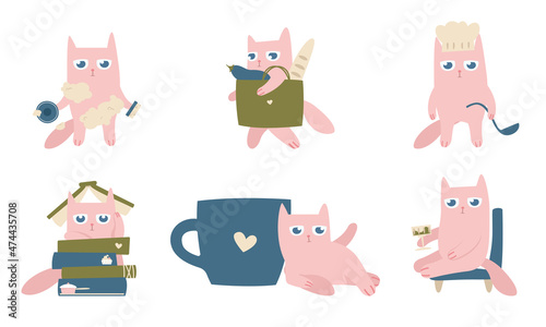 Pink cat in different poses. Funny character in doodle flat style