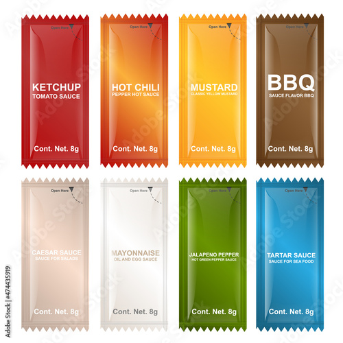 Set of sauces sachets concept vector food illustration