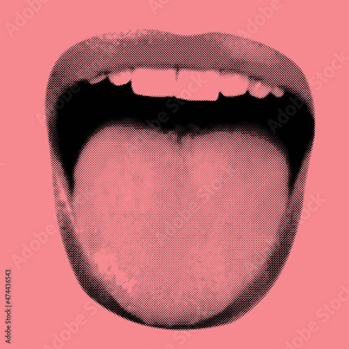 Vector shape illustration of woman lips with visible teeth showing tongue in black halftone effect made from small dots on pink background photo