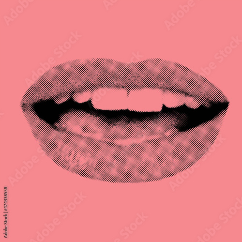 Vector shape illustration of woman lips with smile and visible teeth in black halftone effect made from small dots on pink background
