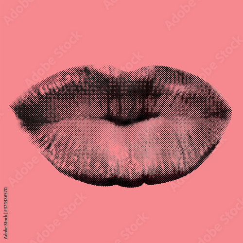Vector shape illustration of cut woman lips in kiss shape and in black halftone effect made from small dots on pink background photo