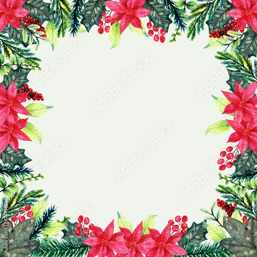 watercolor christmas frame with holly berries © migart