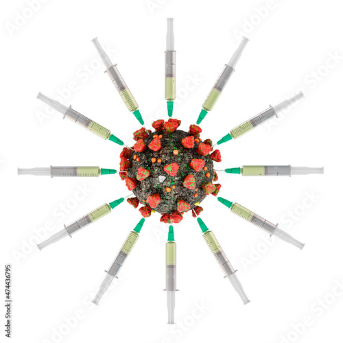 Virus with syringes. Vaccination concept. 3D rendering