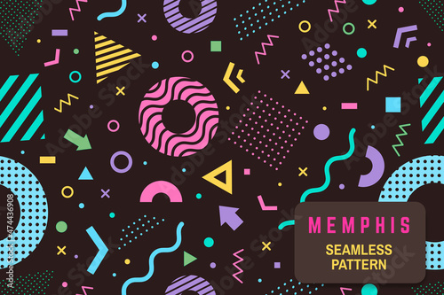 Memphis seamless pattern. Vector. Different halftone geometric shape and colorful geometric shapes seamless pattern.