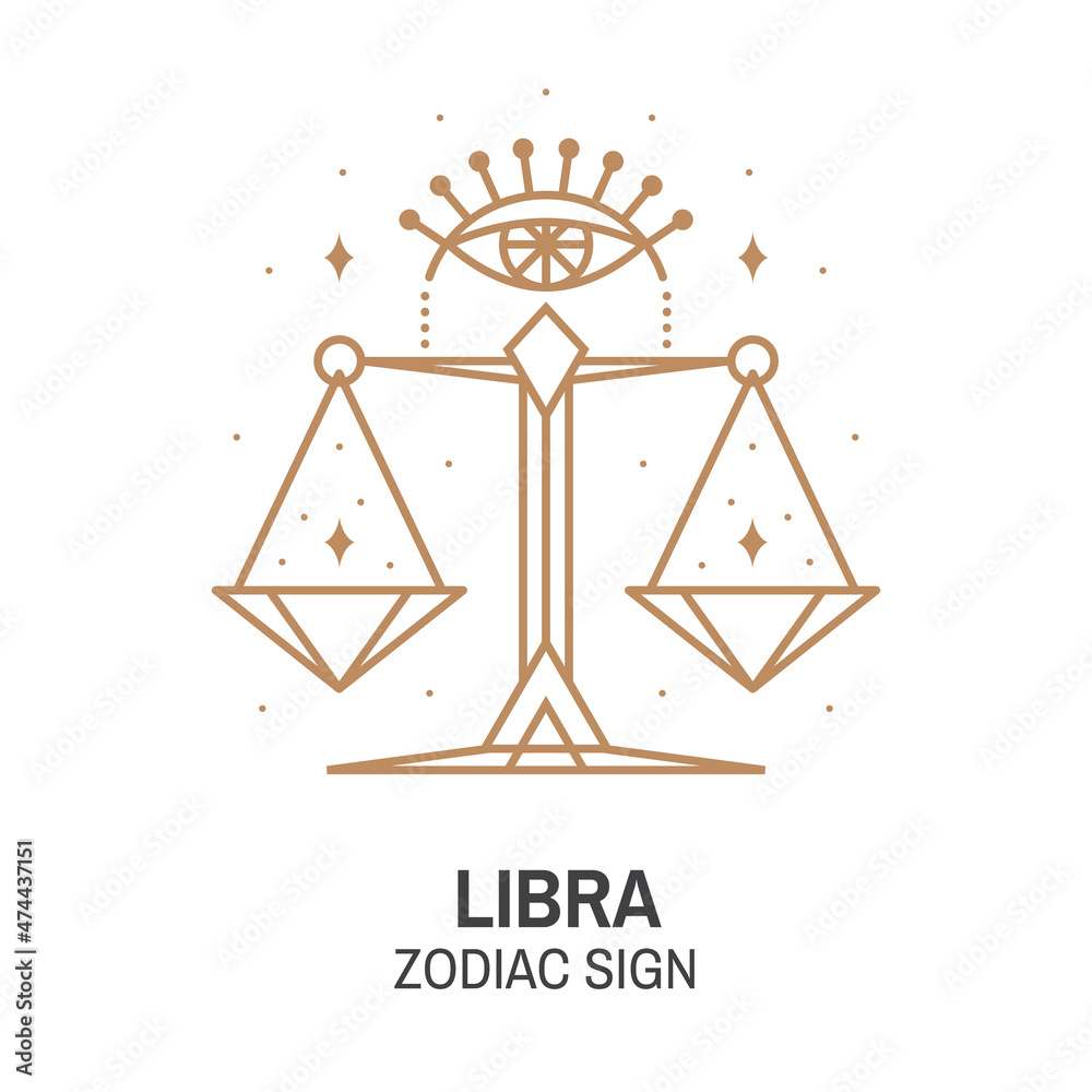 Zodiac astrology horoscope sign Libra linear design. Vector illustration. Elegant line art symbol or icon of Libra esoteric zodiacal horoscope templates for logo or poster isolated on white background