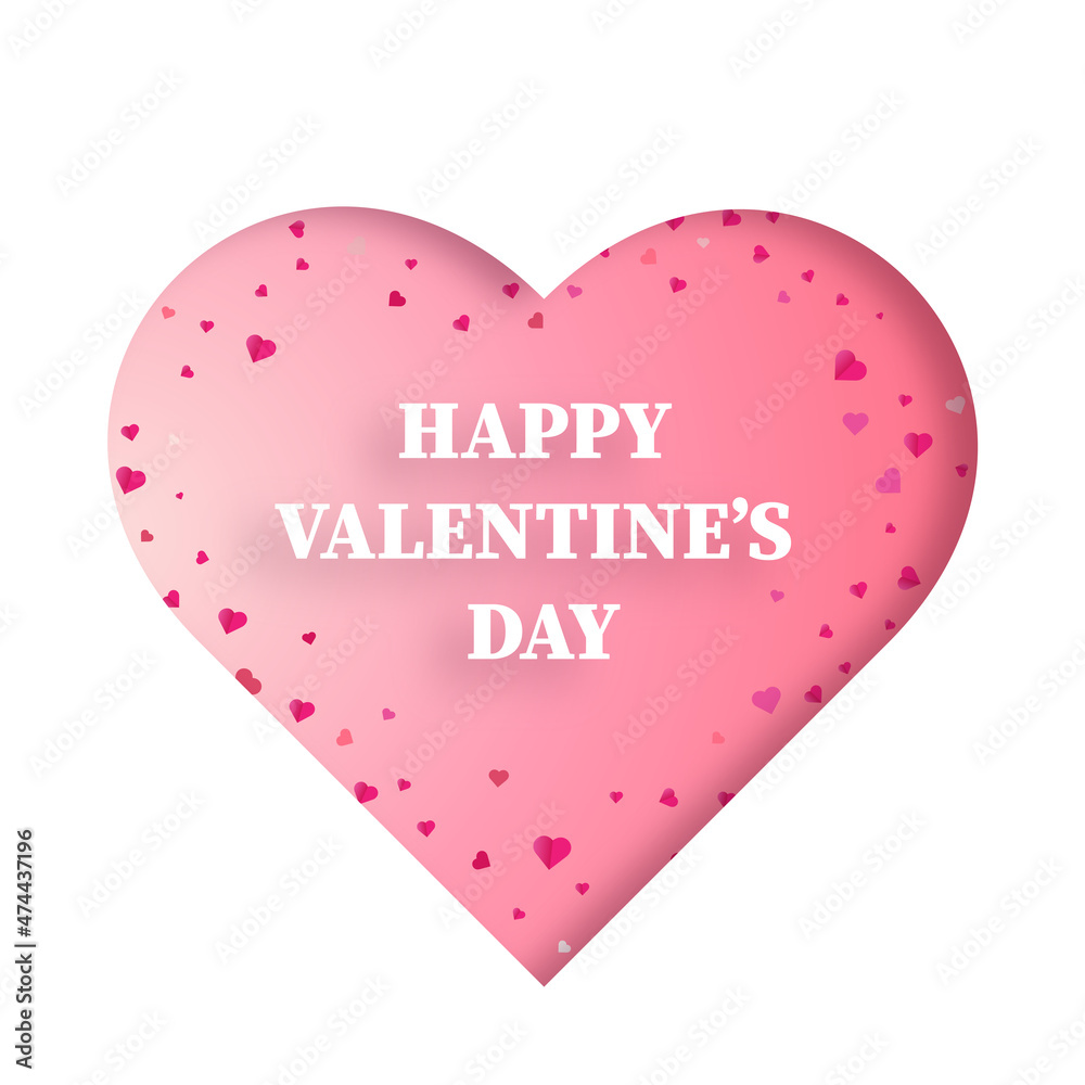 Happy Valentine's Day card. Vector Valentine. Paper cut out heart. Pink Valentine card, flyer, banner. Vector pink origami heart with small pink hearts. 