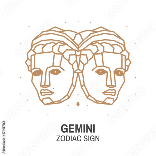 Zodiac astrology horoscope sign Gemini linear design. Vector illustration. Elegant line art symbol or icon of Gemini esoteric zodiacal horoscope templates for logo or poster isolated on white