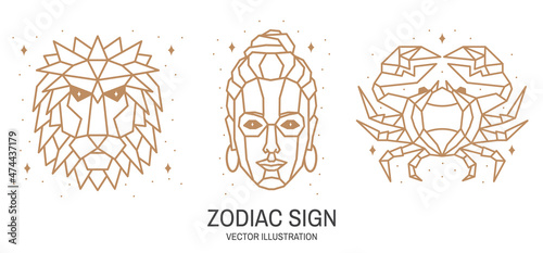 Set of zodiac astrology horoscope sign leo, virgo, cancer linear design. Vector illustration. Elegant line art symbol or icon of leo, virgo, cancer esoteric zodiacal horoscope templates for logo or
