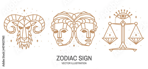 Set of zodiac astrology horoscope sign libra, gemini, aries linear design. Vector illustration. Elegant line art symbol or icon of libra, gemini, aries esoteric zodiacal horoscope templates for logo