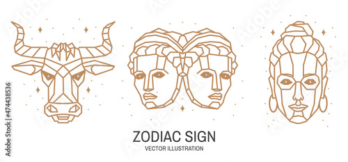 Set of zodiac astrology horoscope sign taurus, gemini, virgo linear design. Vector illustration. Elegant line art symbol or icon of taurus, gemini, virgo esoteric zodiacal horoscope templates for logo