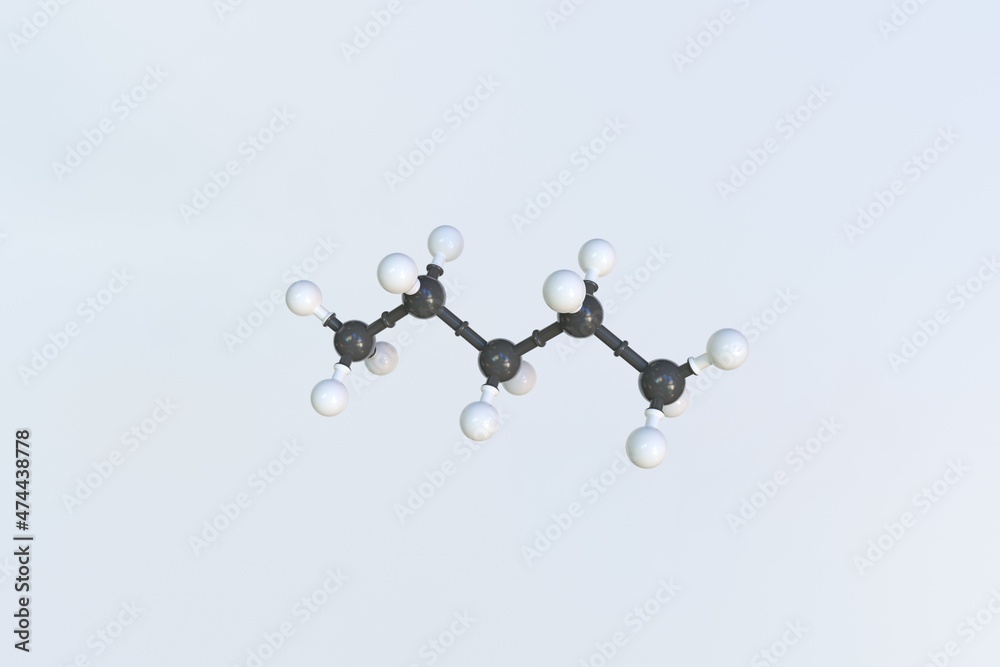 Pentane molecule, isolated molecular model. 3D rendering Pentane molecule, isolated molecular model. 3D rendering