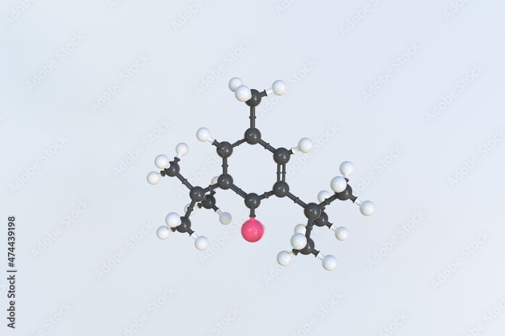 Butylated hydroxytoluene molecule, isolated molecular model. 3D rendering