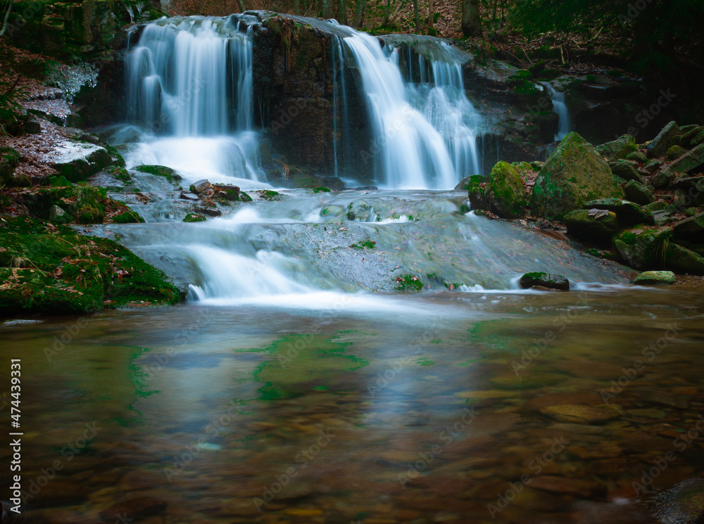 Wild brook with stones and waterfall in Jeseniky mountains, Eastern Europe, Moravia. Clean fresh cold watter, water stream. Long exposure image. . Wild brook with stones and waterfall in Jeseniky mountains, Eastern Europe, Moravia. Clean fresh cold watter, water stream. Long exposure image. .
