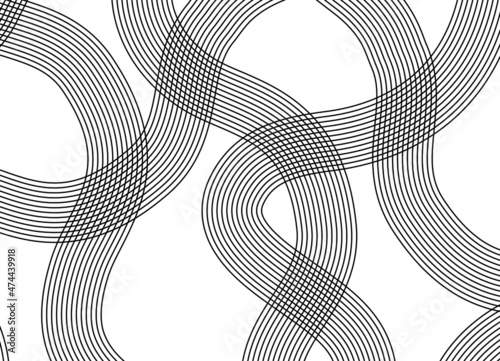 Trendy abstract pattern of thin black parallel lines on a white background. Vector wavy background.