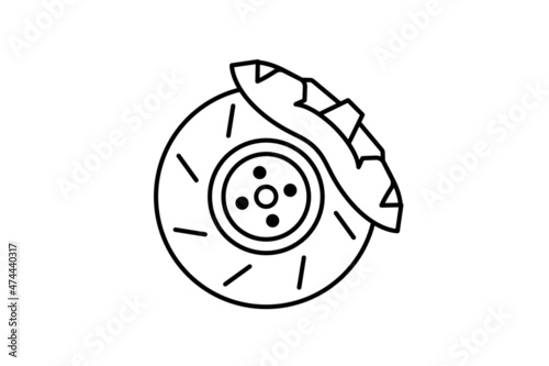 Vehicle, car motorcycle disc brakes. Black and white line icon. Car parts shop logo. Vector.