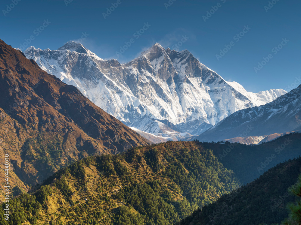 view to hills of valley Khumbu and summits Everest and Lhotse in Nepal