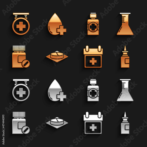 Set Medicine pill or tablet, Test tube and flask, Bottle nasal spray, Doctor appointment, bottle pills, of medicine syrup, Hospital signboard and Donate drop blood with cross icon. Vector