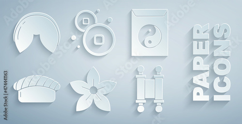 Set Lotus flower, Yin Yang and envelope, Sushi, Decree, paper, parchment, scroll, Chinese Yuan currency and fortune cookie icon. Vector