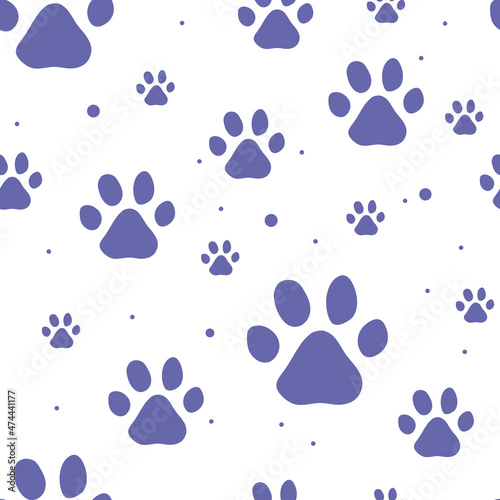 Cat paws seamless vector pattern. Cat paw. Very peri color of the 2022 year. Flat concept vector illustration