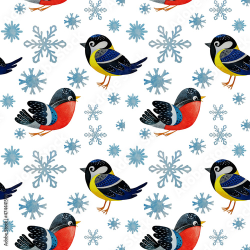 Seamless winter pattern with birds and snowflakes