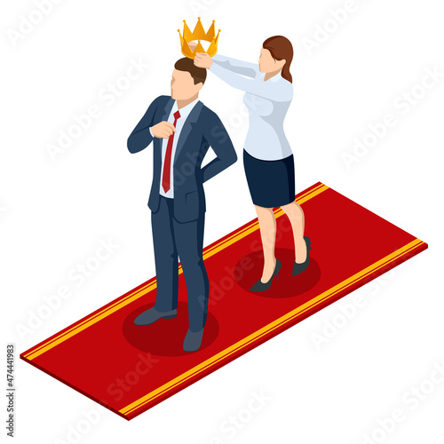 Isometric Golden Crown. Young handsome woman putting a crown on the man.