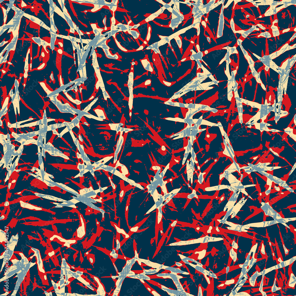Obraz premium Classic marine blue red yellow seamless texture. Modern retro swim wear fashion allover print. Memphis style masculine grunge abstract background. High quality jpg swatch.