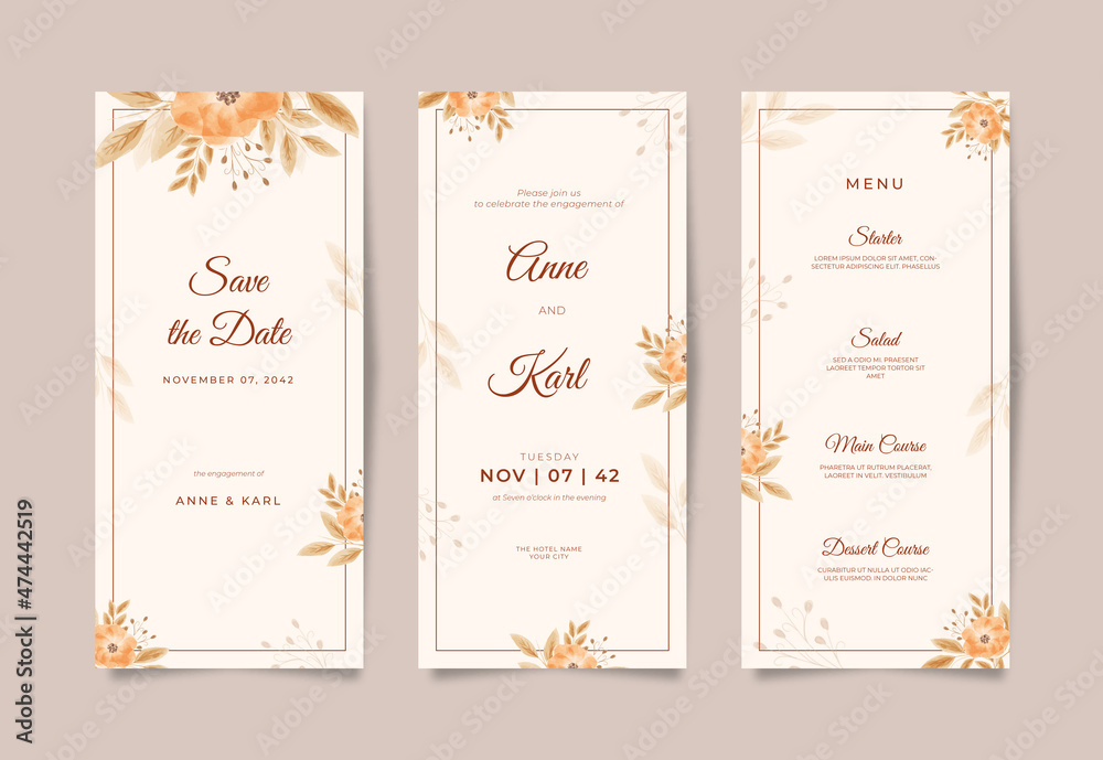 Elegant wedding card template with boho floral watercolor
