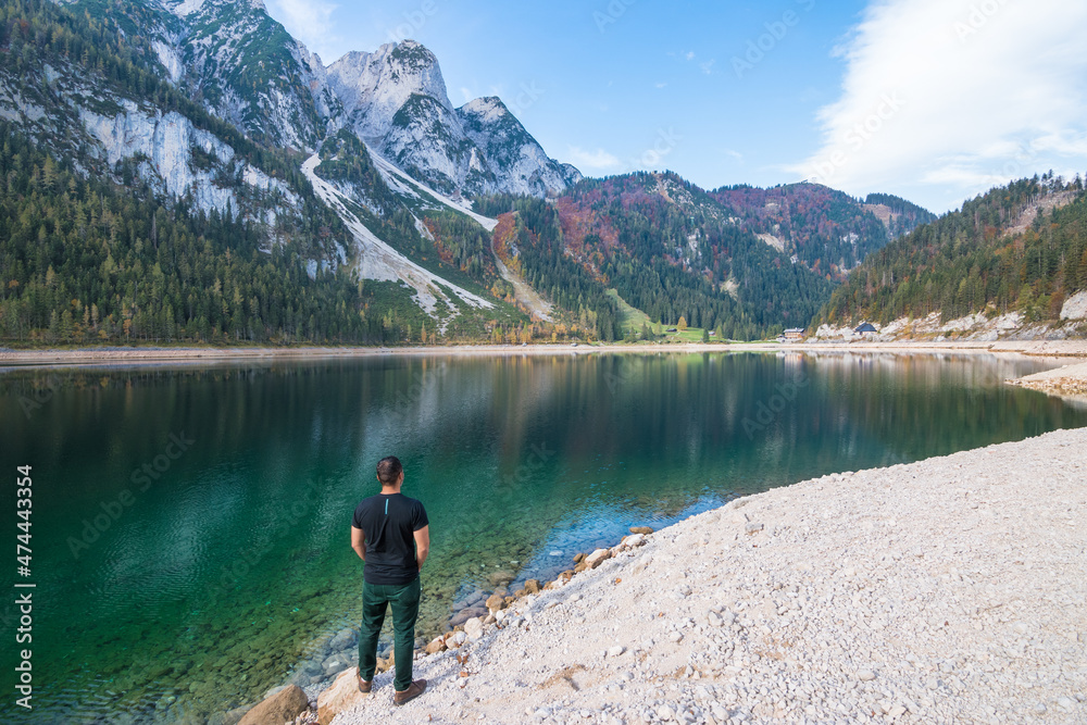 Gosau, Austria, October 2018 - Starring a beautifu view of  Vorderer Gosausee Lake during the autumn - 