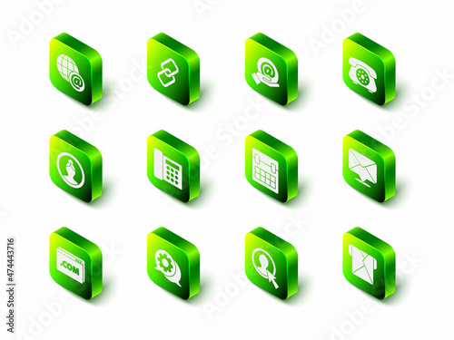 Set Chain link, Mail and e-mail hand, Telephone, Envelope, Calendar, Create account screen and Speech bubble chat icon. Vector