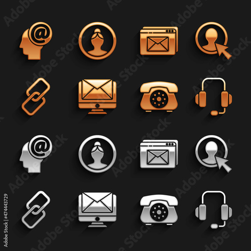 Set Monitor and envelope, Create account screen, Headphones, Telephone, Chain link, Website, Mail e-mail and icon. Vector