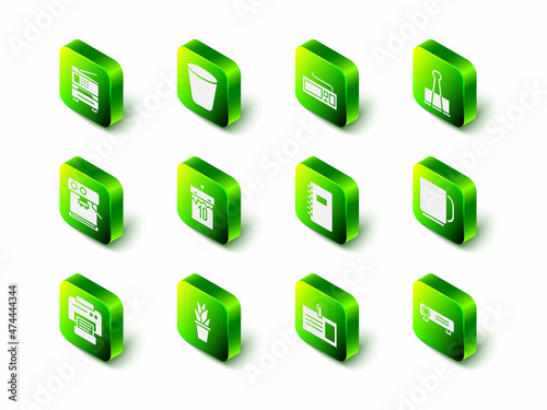 Set Trash can, Keyboard, Binder clip, Coffee cup, Movie, film, media projector, Spiral notebook, Identification badge and Plant pot icon. Vector