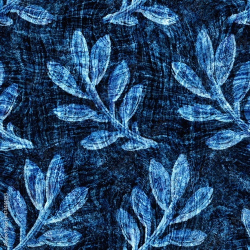 Seamless indigo block print texture on navy blue woven effect background. Japanese style washed denim batik resist pattern. Worn masculine cloth print swatch.