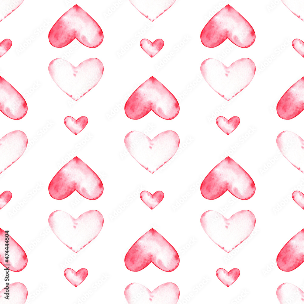 Watercolor hearts seamless pattern. Hand-drawn romantic illustration. Valentine's Day background. Red and pink hearts.