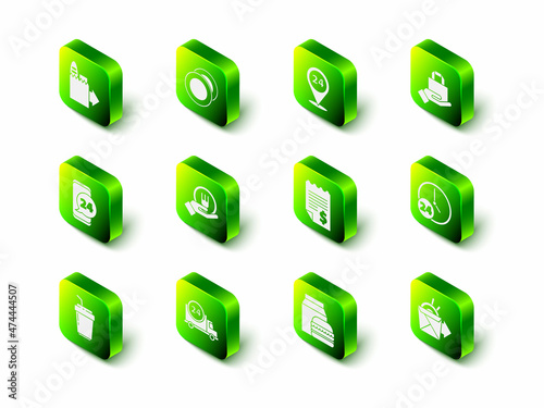 Set Plate, Round the clock delivery, Online ordering and, Clock 24 hours, noodles, Paper financial check, burger and Fast by car icon. Vector