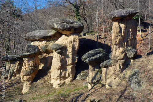 Villar San Costanzo, Piedmont, Italy - The Ciciu di Villar natural reserve, where there are geological formations in the shape of mushrooms, due to water erosion.