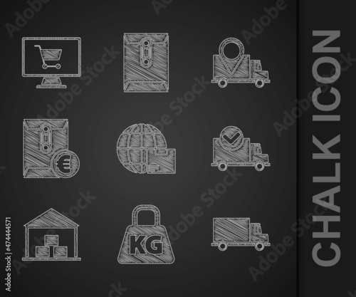 Set Worldwide shipping and box, Weight, Delivery cargo truck vehicle, with check mark, Warehouse, Envelope euro symbol, tracking and Shopping cart on computer icon. Vector