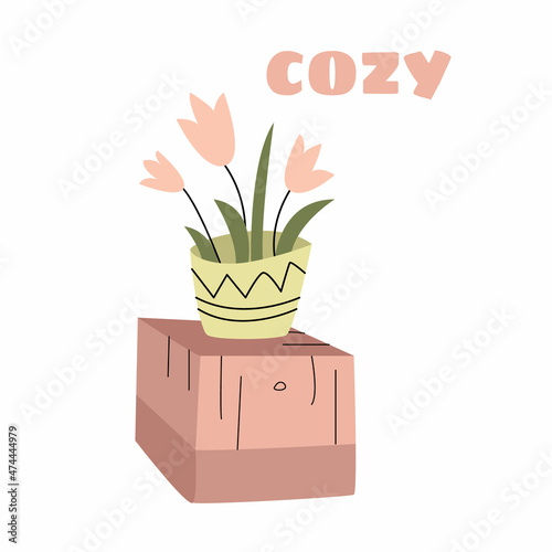 Vector flat isolated illustration with home drawer for things, flower, plant in pot. Inscription, lettering kozy. Concept comfort, interior, coziness. You can use elements in web design, banners, etc.