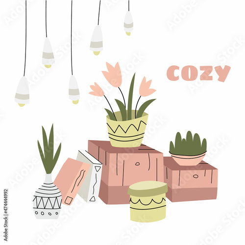 Vector illustration with a set of household items. Books, light bulbs, garlands, magazines, potted plants, boxes for things are drawn. The concept of coziness, comfort, romance.