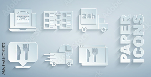 Set Fast delivery by car, Cafe and restaurant location, Online ordering, Restaurant cafe menu and burger icon. Vector