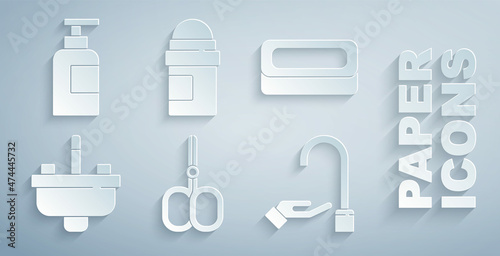 Set Nail scissors, Bar of soap, Washbasin with water tap, Washing hands, Antiperspirant deodorant roll and Bottle shampoo icon. Vector