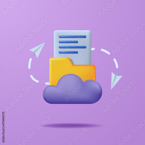 Cloud file server data transfer concept. 3d cute icon yellow folder with page document.
