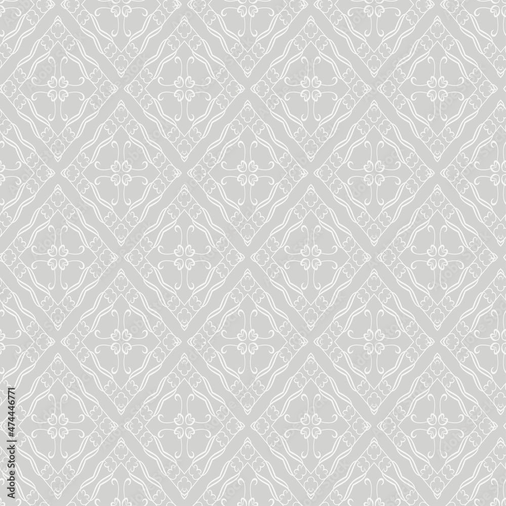 Background pattern with decorative ornament on a gray background. Fabric texture swatch, seamless wallpaper. Vector illustration