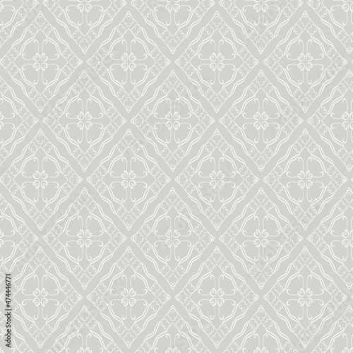 Background pattern with decorative ornament on a gray background. Fabric texture swatch, seamless wallpaper. Vector illustration