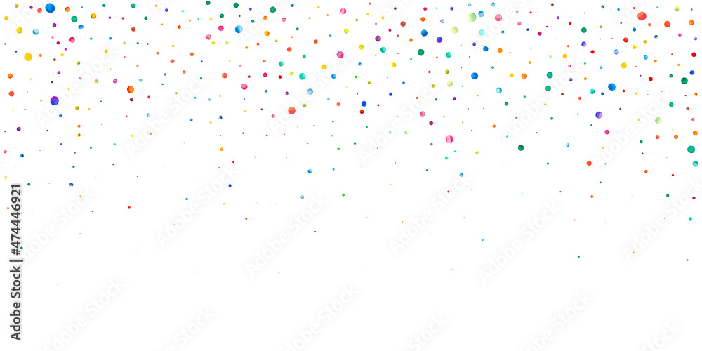 Watercolor confetti on white background. Adorable rainbow colored dots. Happy celebration wide colorful bright card. Valuable hand painted confetti.