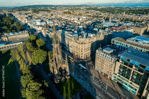Fototapeta Naklejka Na Ścianę i Meble -  Aerial View of Edinburgh. Scott Monument is a Victorian Gothic monument to Scottish author Sir Walter Scott. It is the second largest monument to a writer in the world