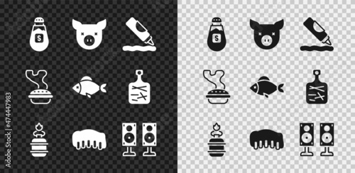 Set Salt, Pig, Ketchup bottle, Camping gas stove, Grilled pork bbq ribs, Stereo speaker, Homemade pie and Fish icon. Vector